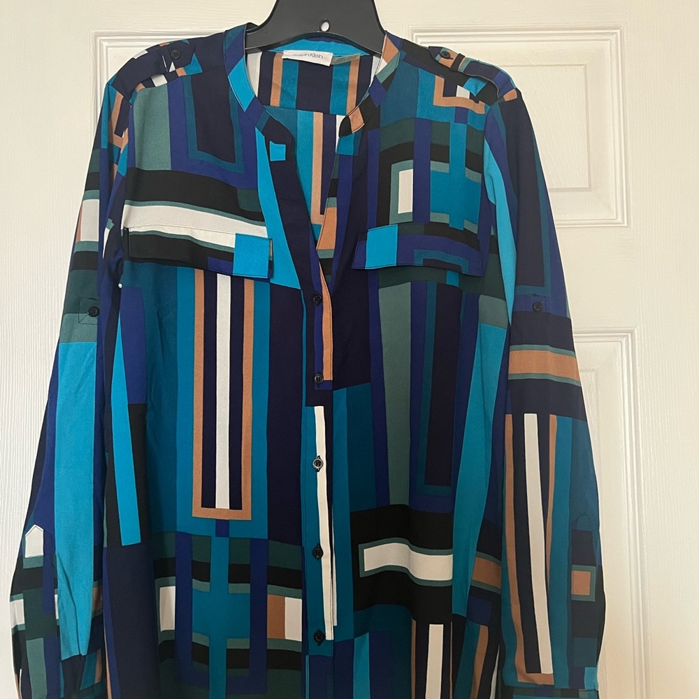 Calvin Klein Striped Blouse in Blue and Tan